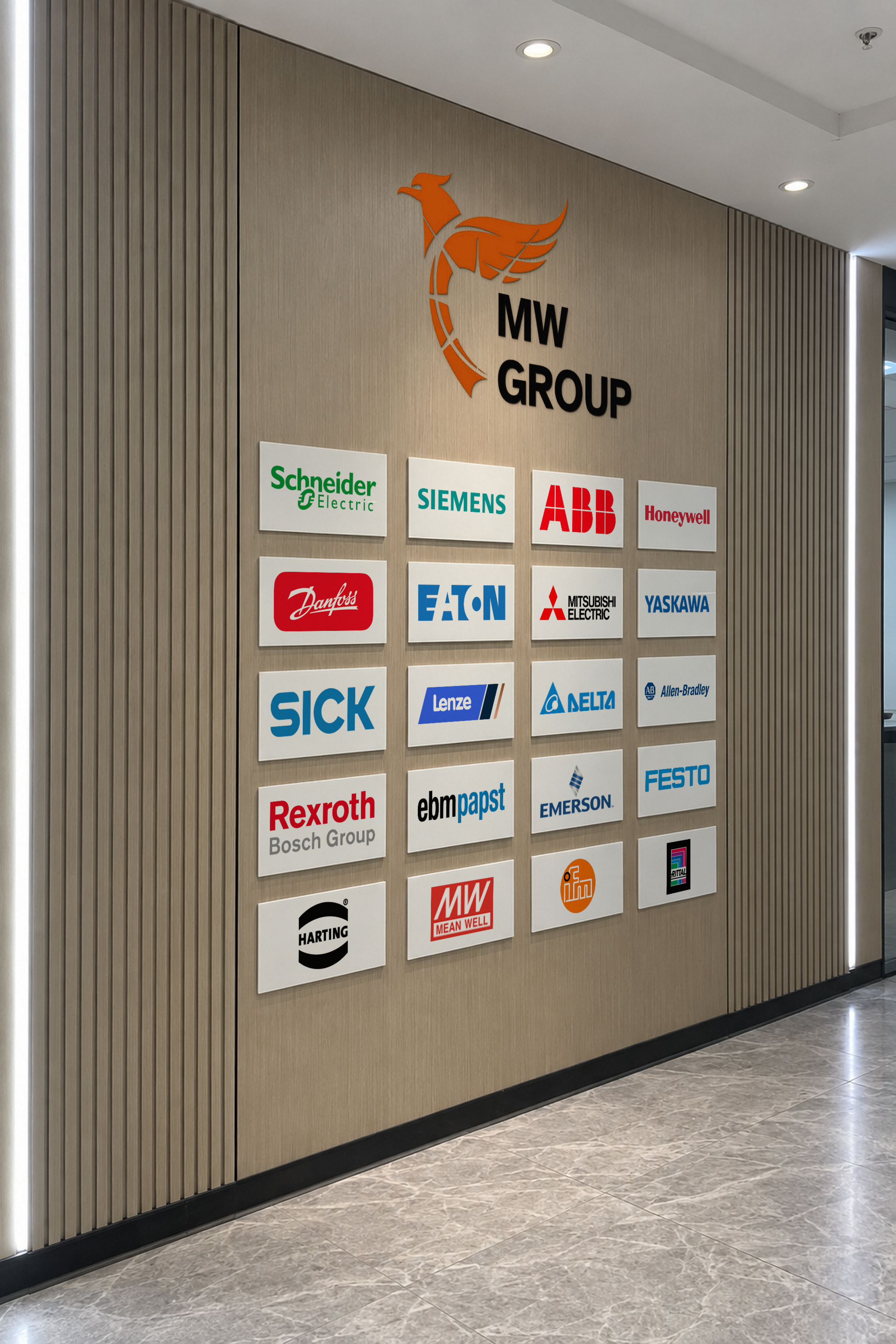 MW Group feature wall displaying industrial manufacturer brands